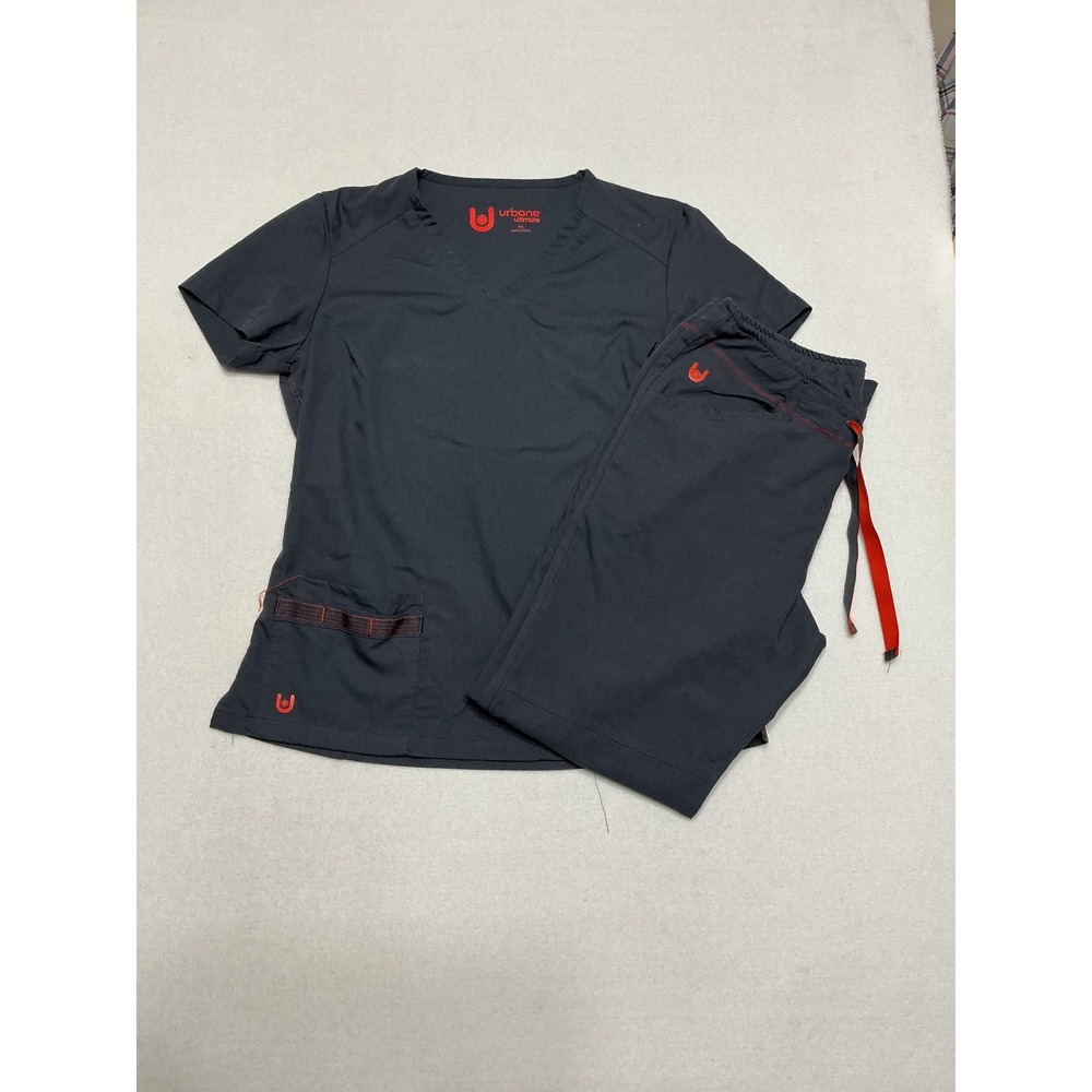 Urbane Ultimate Womens Small Scrub Set Navy Blue Orange Top Pants Medical
